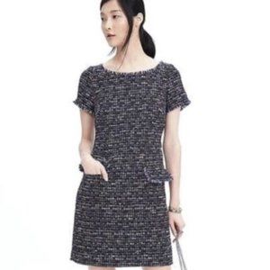 Banana Republic Tweed Shift Dress Black Blue Fringe Trim Above Knee Short Sleeve